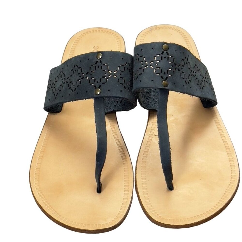 SOPHIA MILANO Women's Shoes Gray Flat Slides Perforated Leather Thongs Size 7.5M - Picture 2 of 15